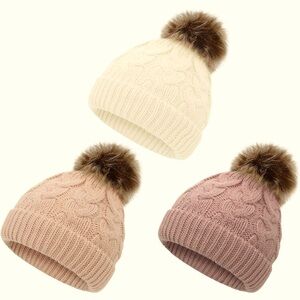 NWOT Durio Baby Beanies Warm Winter Beanies w/Pom Poms, Three Piece Set